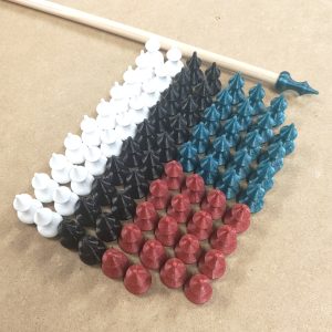 Many finials in White, Black, Red, and Blue/Green